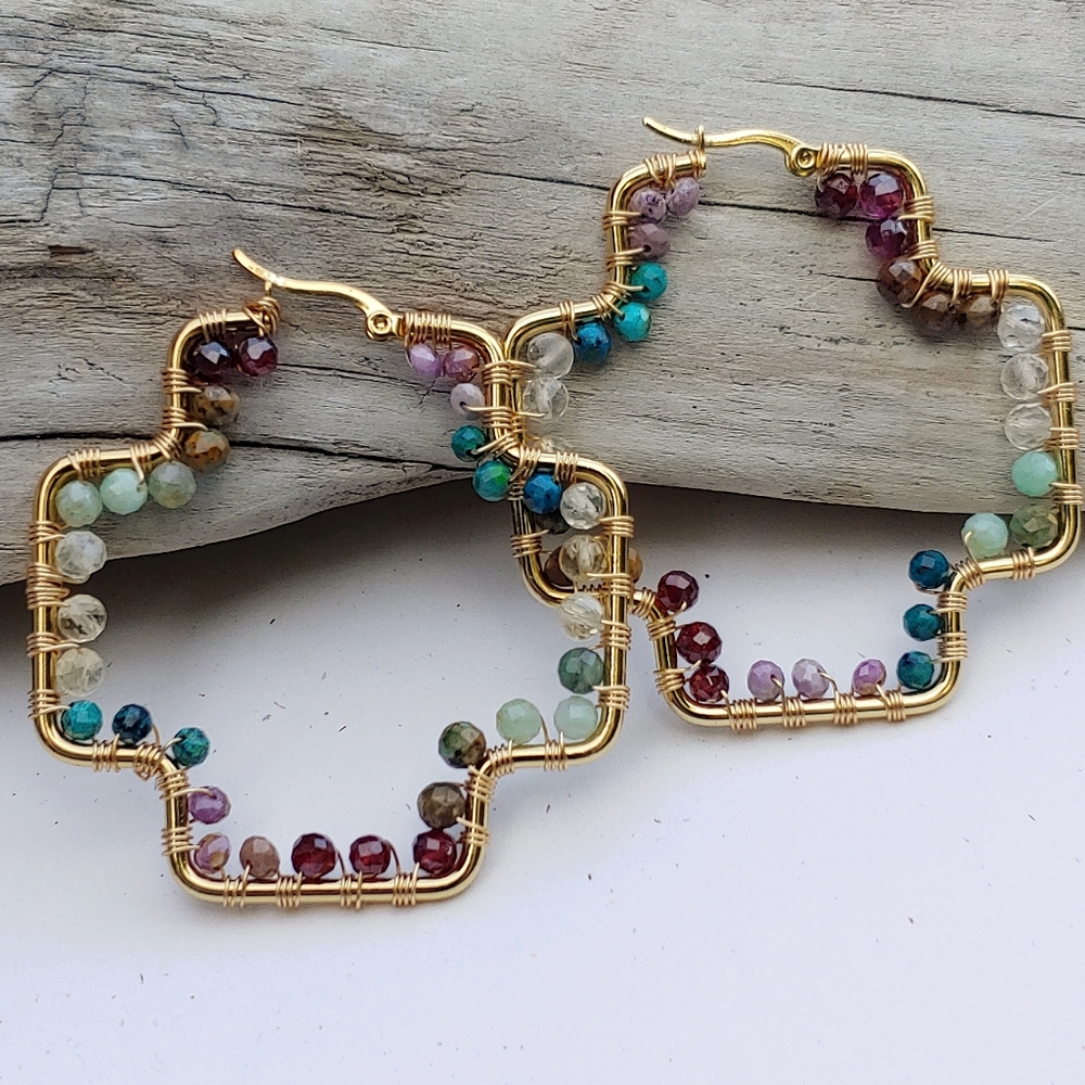 Earth Chakra Multi Semi-Precious Gemstone Gold Cross Hoop Earrings